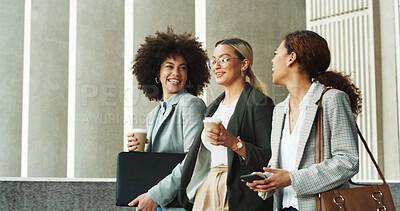 Buy stock photo Commuting, employees and women with coffee, talking and travel to meeting for sales, laugh and smile. Outdoor, colleagues and salesperson with caffeine, collaboration and communication for project