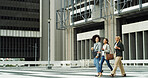 Walking, employee and women with coffee, city and travel to meeting for sales, space and discussion. Commuting, colleagues and salesperson with caffeine, collaboration and conversation for project