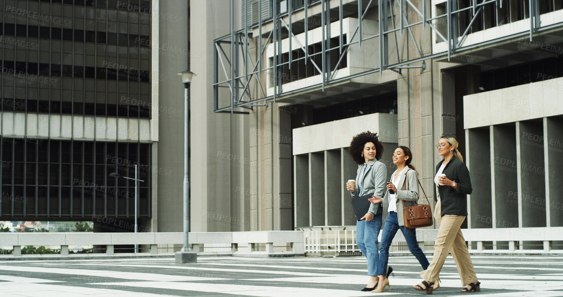 Buy stock photo Walking, employees and women with coffee, city and travel to meeting for sales, team and discussion. Commuting, colleagues and salespeople with caffeine, collaboration and conversation for project