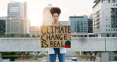 Buy stock photo Portrait, woman and protest with poster outdoor for awareness, climate change and global warming. Female person, billboard sign and stop pollution for planet safety, green movement and society impact