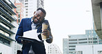 Black man, phone call and overwhelmed in city with paper for overworked, late appointment or schedule. Busy, commute and business person on smartphone for coffee run, networking and stress or anxiety