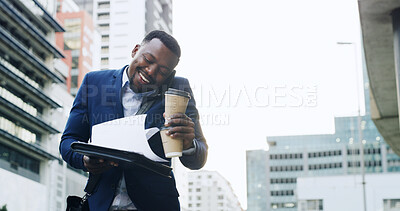 Buy stock photo Businessman, phone call and paperwork with chaos in city, late appointment or schedule with travel. Busy, commute and black person on smartphone for coffee run, networking and multitasking on walk