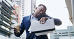 Black man, phone call and time in city with document for overworked, late appointment or schedule. Busy, commute and business person on smartphone for workaholic, networking or check watch for stress