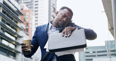 Buy stock photo Black man, phone call and time in city with document for overworked, late appointment or schedule. Busy, commute and business person on smartphone for workaholic, networking or check watch for stress