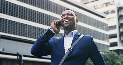 Buy stock photo City, funny and phone call with business black man outdoor for inspiration or opportunity. Conversation, laughing and thinking with happy employee in urban town for good news or update from below