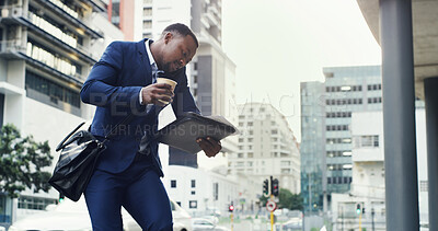 Buy stock photo Black man, phone call and commute in city with documents for overworked, late appointment or schedule. Busy, walk and business person on smartphone for overwhelmed, networking and paperwork task