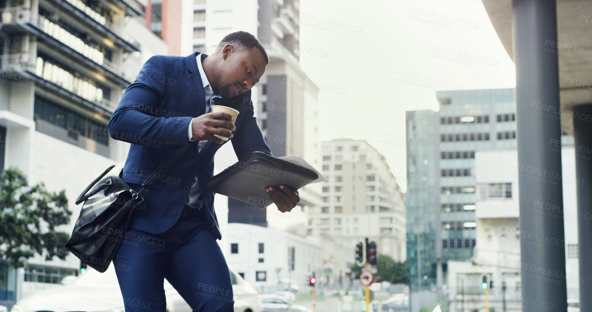 Buy stock photo Black man, phone call and commute in city with documents for overworked, late appointment or schedule. Busy, walk and business person on smartphone for overwhelmed, networking and paperwork task