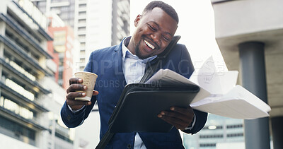 Buy stock photo Black man, phone call and smile in city with document, chaos or work overload with late for appointment. Busy, commute and business person on cellphone with multitasking, schedule and coffee