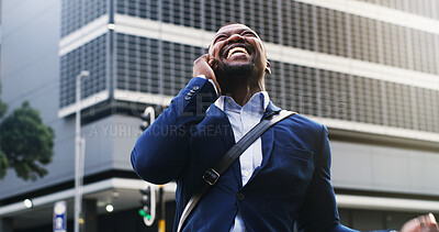 Buy stock photo City, laughing and phone call with business black man outdoor for inspiration or opportunity. Conversation, funny and thinking with happy employee in urban town for contact, good news or update