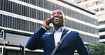Surprise, business and black man with phone call in city for good news, job promotion and victory. Excited, male person and mobile chat for winner, company deal and bonus notification for achievement