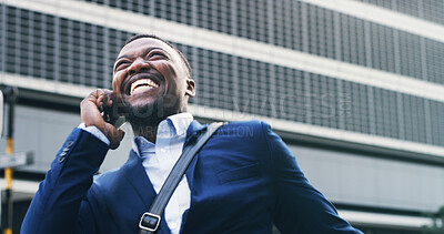 Buy stock photo Buildings, laughing and phone call with business black man outdoor for inspiration or opportunity. Conversation, funny and thinking with happy employee in city for contact, good news or update