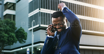 Buy stock photo Business, man and phone call with celebration in city for good news, commute and job promotion. Excited, black person and speaking to contact with victory fist for career opportunity and achievement