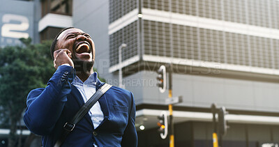 Buy stock photo Excited, business man and phone call in city for good news, commute and startup loan approval. Happy, black person and speaking to contact with shouting for career opportunity, growth deal or success