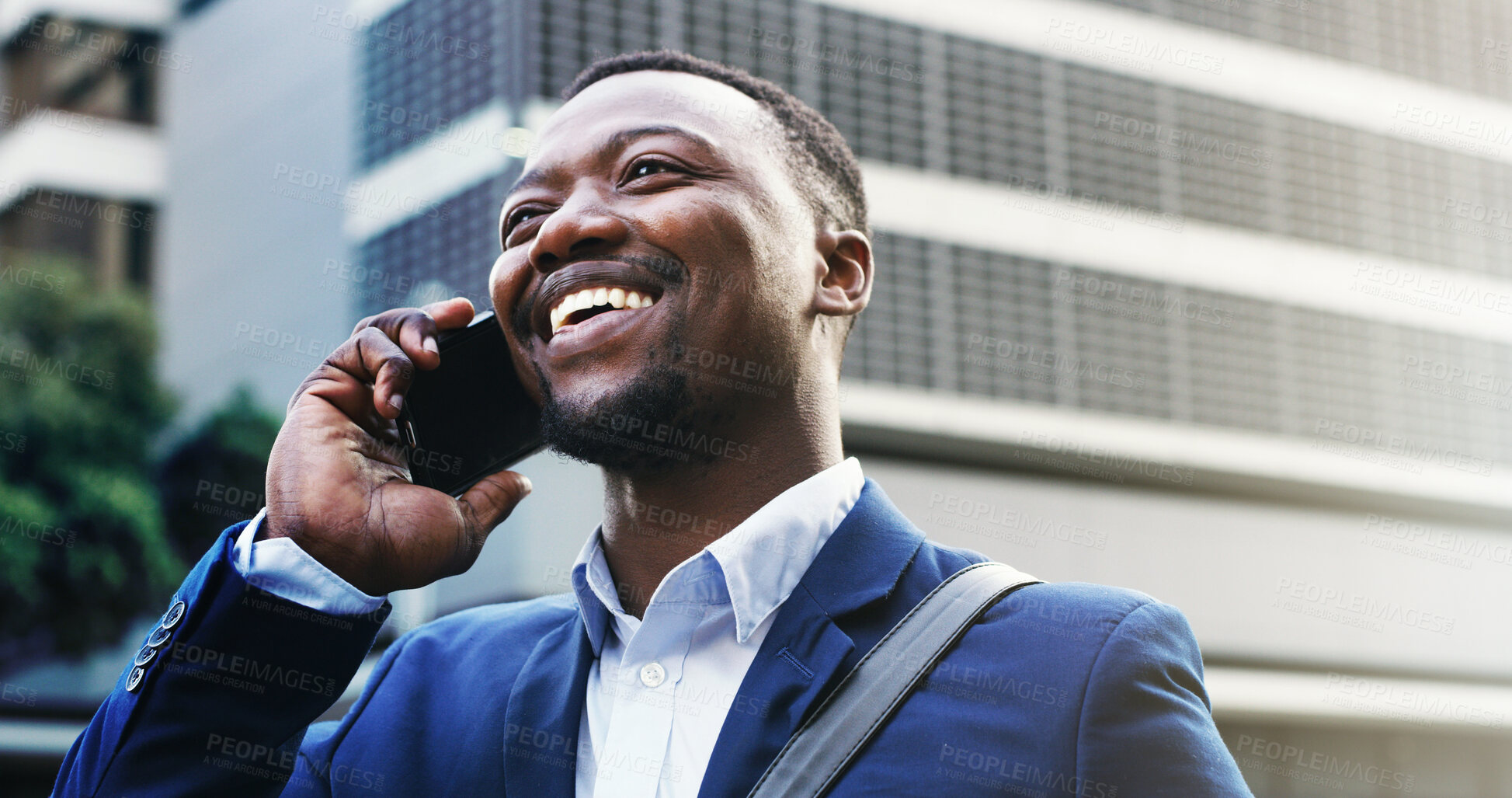 Buy stock photo City, phone call and thinking with business black man outdoor for inspiration or job opportunity. Conversation, idea and smile with happy employee in urban town for contact, good news or update