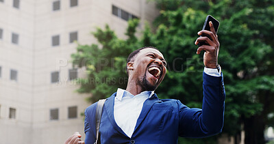 Buy stock photo Business, man and celebration with phone in city for good news, bonus and success notification. Excited, black person and victory fist outdoor for career opportunity, job promotion email and goals
