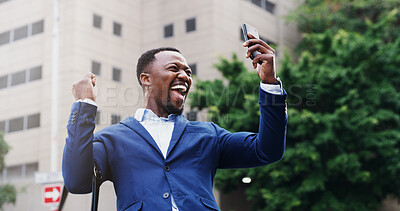 Buy stock photo Success, businessman and celebration with phone in city for good news, commute and trading win. Trader, excited black person and victory fist in town for stocks growth, achievement or investment deal