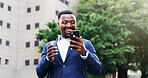 Surprise, business and black man with phone in city for travel, good news and job promotion. Excited, male person and mobile for commute, company deal and bonus notification for career opportunity