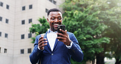 Buy stock photo Surprise, business and black man with phone in city for travel, good news and job promotion. Excited, male person and mobile for celebration, company deal and bonus notification of career opportunity