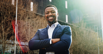 Buy stock photo Arms crossed, city and portrait of business black man outdoor for building or property development. Architecture, flare and real estate with smile of employee on location for commercial project