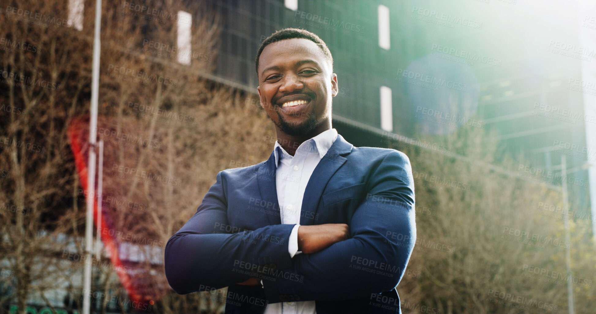 Buy stock photo Arms crossed, city and portrait of business black man outdoor for building or property development. Architecture, flare and real estate with smile of employee on location for commercial project