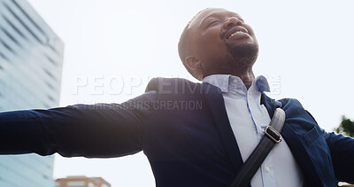 Buy stock photo City, freedom and smile with business black man from below for inspiration, opportunity or success. Flare, open arms and travel with employee person outdoor in town for development or fresh air