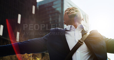 Buy stock photo City, open arms and smile with business black man from below for inspiration, opportunity or success. Flare, freedom and travel with employee person outdoor in town for development or fresh air