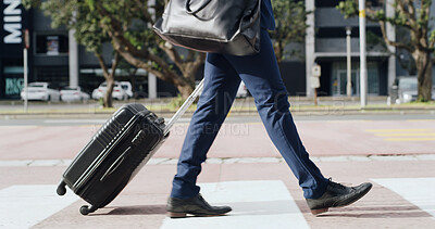 Buy stock photo Feet, suitcase and walking with businessman in city for commute, journey or travel to location. Destination, luggage and steps with legs of employee outdoor on crosswalk for international trip