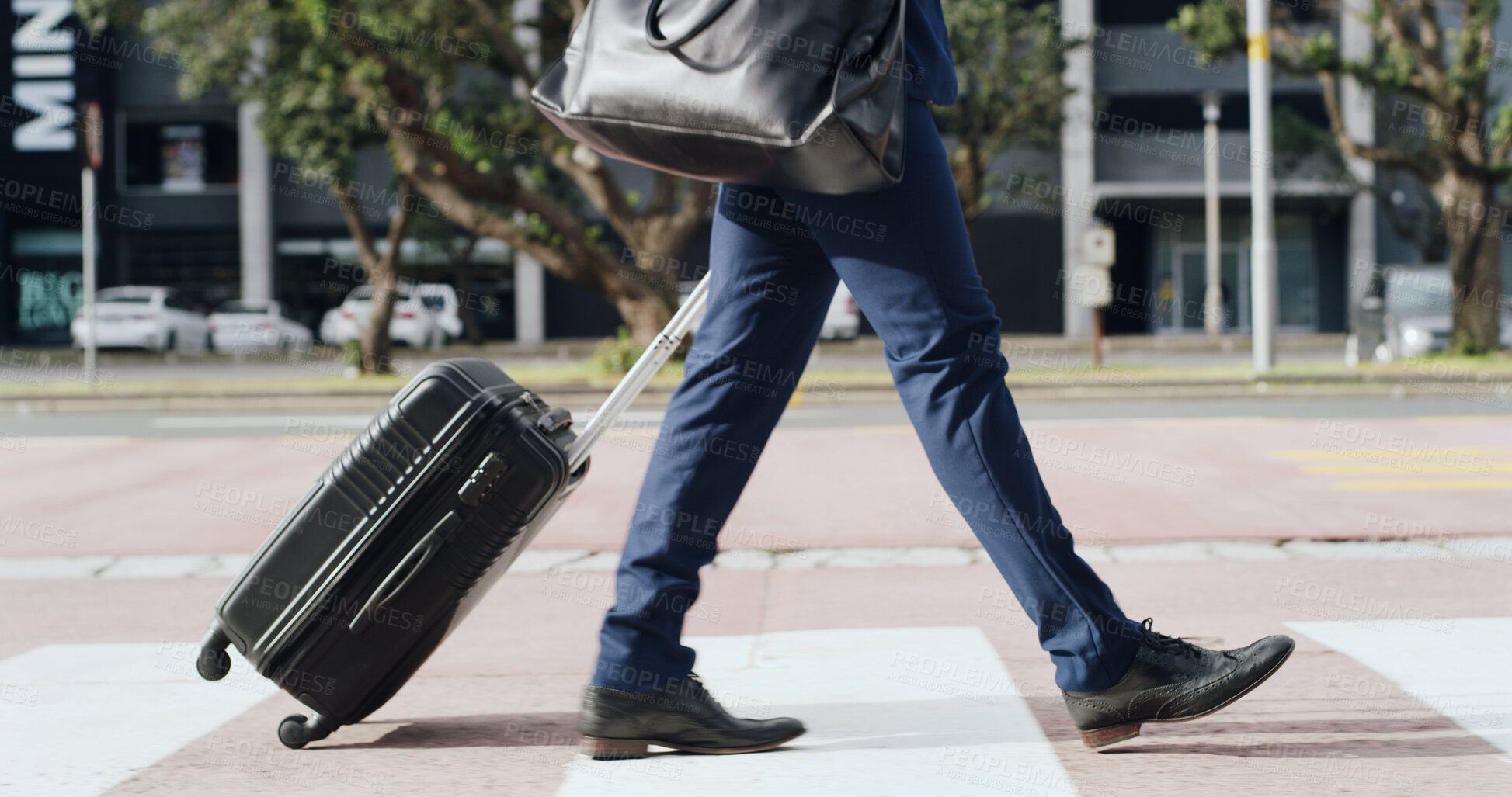 Buy stock photo Feet, suitcase and walking with businessman in city for commute, journey or travel to location. Destination, luggage and steps with legs of employee outdoor on crosswalk for international trip