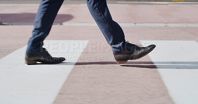 Buy stock photo Shoes, businessman and walk on crosswalk for travel, morning commute and urban journey. Outdoor, legs and worker crossing street in city with pedestrian, corporate professional and trip on road