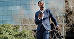 Phone, bike and thinking with business black man in city for eco friendly transport, sustainability route app and idea. Carbon footprint, contact and vision with person and bicycle for online guide