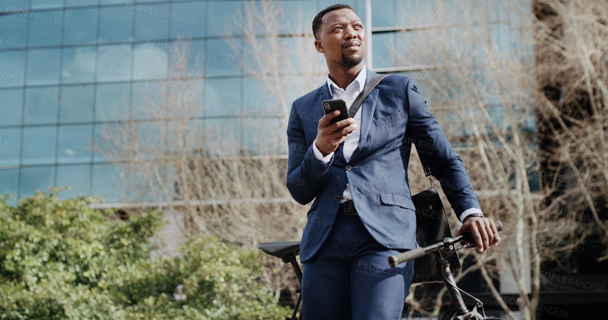 Buy stock photo Phone, bike and thinking with business black man in city for eco friendly transport, sustainability route app and idea. Carbon footprint, contact and vision with person and bicycle for online guide