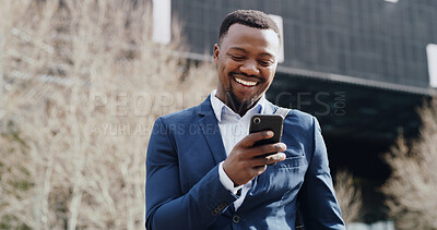 Buy stock photo City, phone and smile of business black man reading text message for real estate feedback or update. App, communication and good news with happy employee outdoor for commercial property development