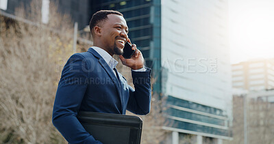 Buy stock photo Happy, black man and discussion with phone call in city for business chat or conversation. Businessman, lawyer or attorney laughing with smile on mobile smartphone for communication in an urban town