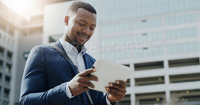Buy stock photo City, business and happy black man with tablet to check email, review policy or development. Technology, outdoor and urban planner reading update for infrastructure, research and planning online
