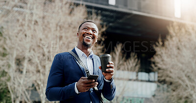 Buy stock photo Coffee, phone and planning businessman in city for real estate feedback, ideas or update. App, drink and thinking with happy employee outdoor for commercial property development or communication