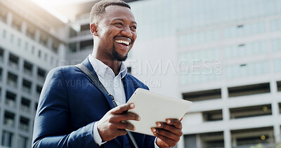 Buy stock photo Thinking, business or black man with tablet in city for opportunity, insight or property development. Tech, outdoor and urban planner with vision for infrastructure, planning and laugh with solution