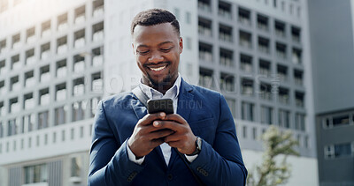 Buy stock photo Business, phone and smile of black man outdoor, reading text message for real estate feedback or update. App, city and good news with employee typing communication for commercial property development