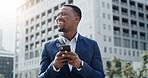 Thinking, phone and smile with business black man in city for location app, property listing and idea. Real estate search, reflection and communication with person outdoor for realtor opportunity