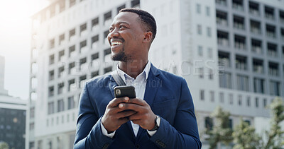 Buy stock photo Thinking, phone and smile with business black man in city for location app, property listing and idea. Real estate search, reflection and communication with person outdoor for realtor opportunity