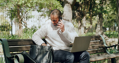 Buy stock photo Phone call, bag and businessman on park bench for remote work with sustainability consultant. Outdoor, mobile or freelancer talk to contact for eco friendly negotiation, search or update with laptop