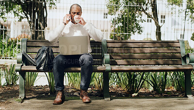 Buy stock photo Businessman, phone call and coffee with laptop on bench for business discussion or conversation. Man, freelancer or remote work on mobile smartphone, computer or drink for chat or negotiation in park