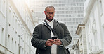 Phone, typing and business man in city for journalist research, source investigation or contact. Eyewitness report, article editor and communication with person outdoor for feedback and news story