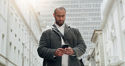 Buy stock photo Phone, typing and business man in city for journalist research, source investigation or contact. Eyewitness report, article editor and communication with person outdoor for feedback and news story