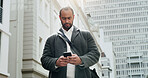 Phone, text and business man in city for journalist research, source investigation or contact. Eyewitness report, article editor and communication with low angle of person for feedback and news story