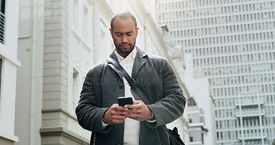 Buy stock photo Phone, text and businessman in city for journalist research, source investigation or contact. Eyewitness report, article editor and communication with low angle of person for feedback and news story