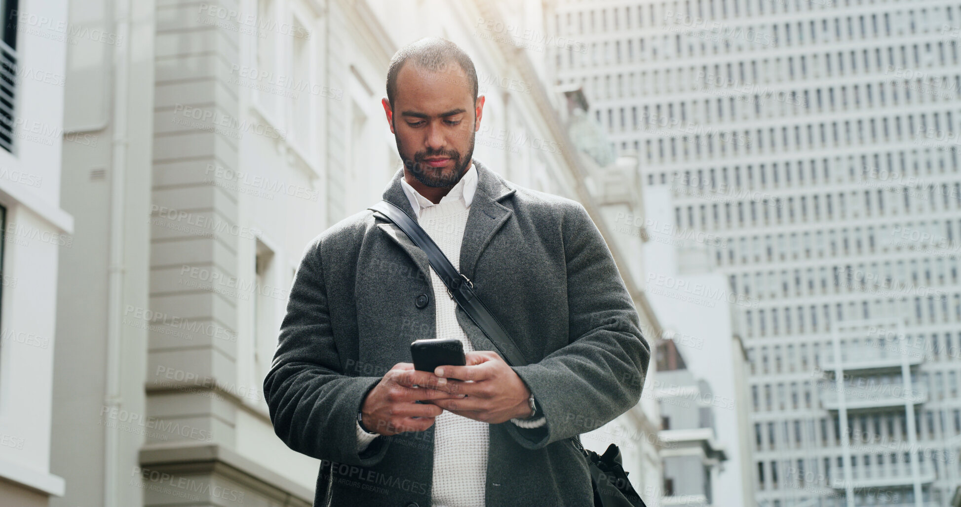 Buy stock photo Phone, text and businessman in city for journalist research, source investigation or contact. Eyewitness report, article editor and communication with low angle of person for feedback and news story