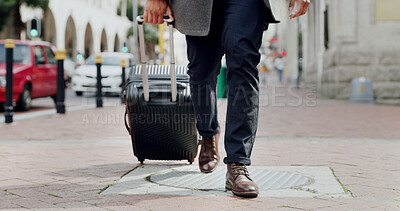 Buy stock photo Legs, luggage and walking with businessman in city for commute, journey or travel to location. Destination, steps and suitcase with feet of employee outdoor on sidewalk for international trip