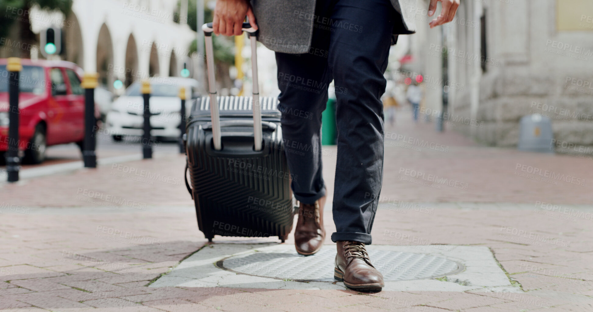 Buy stock photo Legs, luggage and walking with businessman in city for commute, journey or travel to location. Destination, steps and suitcase with feet of employee outdoor on sidewalk for international trip