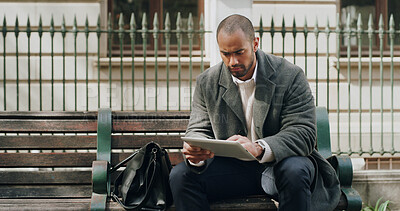Buy stock photo Tablet, city and business man on bench for reading email, research or housing development. Tech, outdoor and serious urban planner with app for online project or review proposal for infrastructure