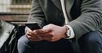 Phone, hands and business man in city for journalist research, source investigation or contact. Eyewitness report, article editor and communication with person outdoor for feedback and news story